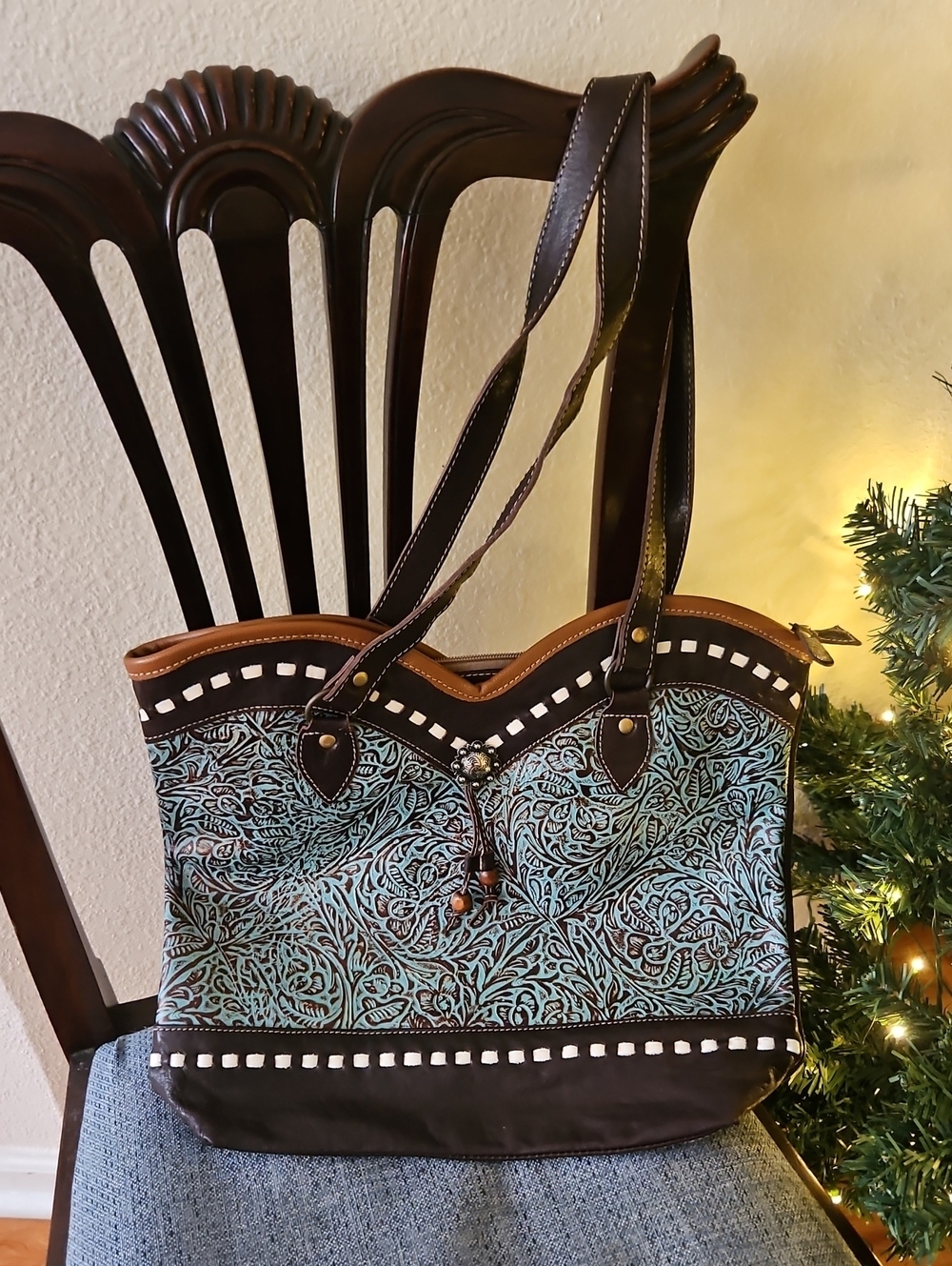 Myra Bag Brown and Teal Floral-Print Tote Bag